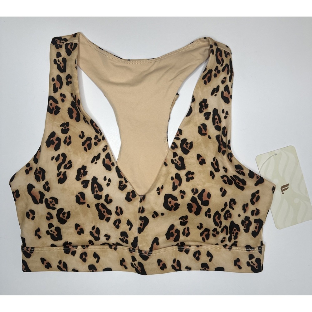 Fabletics On The Go Midi Sports Bra II Size Medium Desert Leopard Athleisure NEW